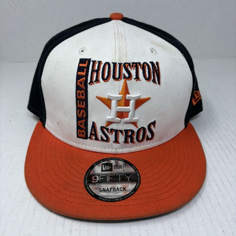 New Era 9Fifty Houston Astros Block Script Split Snapback Hat White Orange Cap